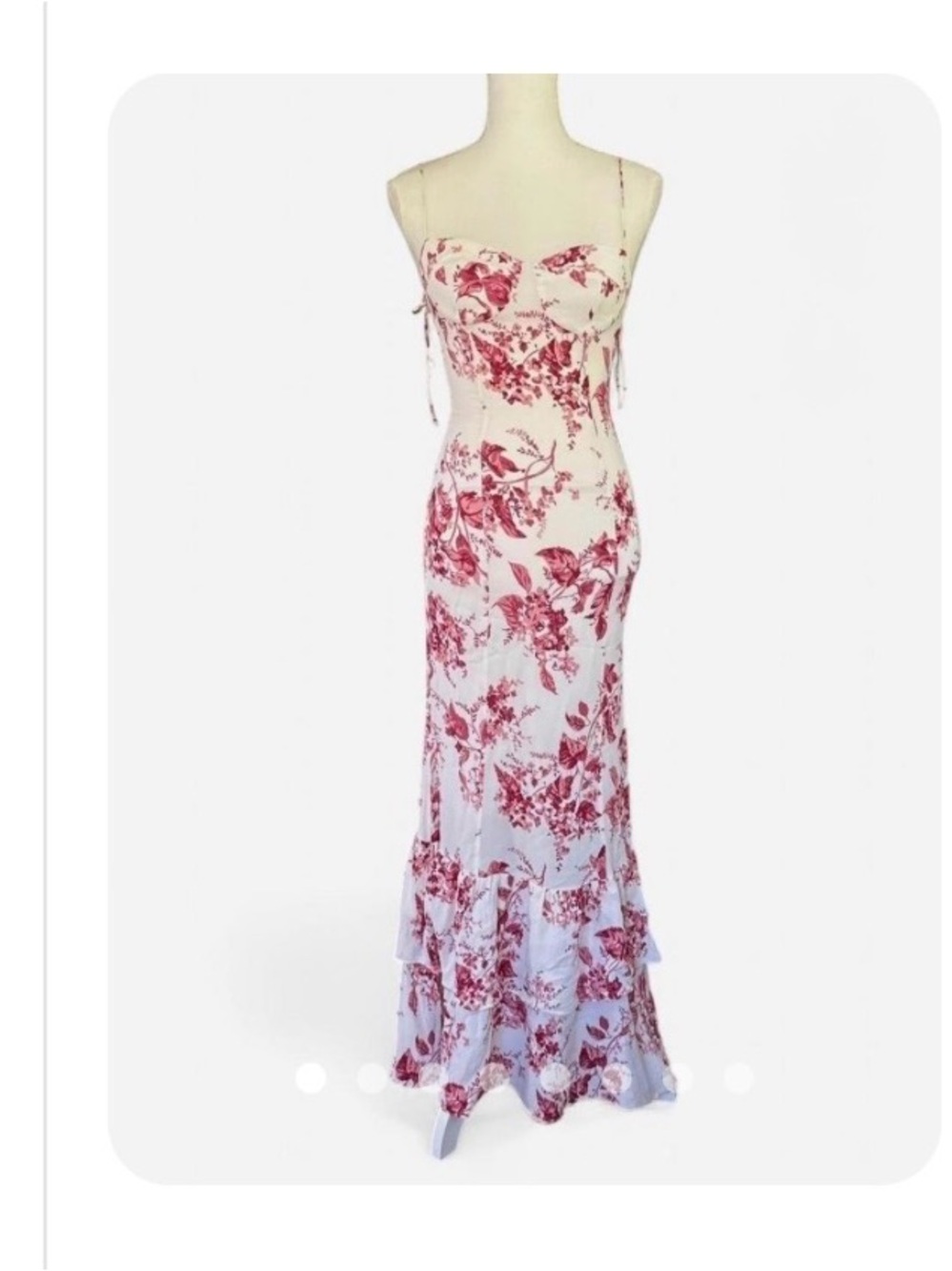 Reformation White Slip Dress with Red Floral Print and Ruffle Hem